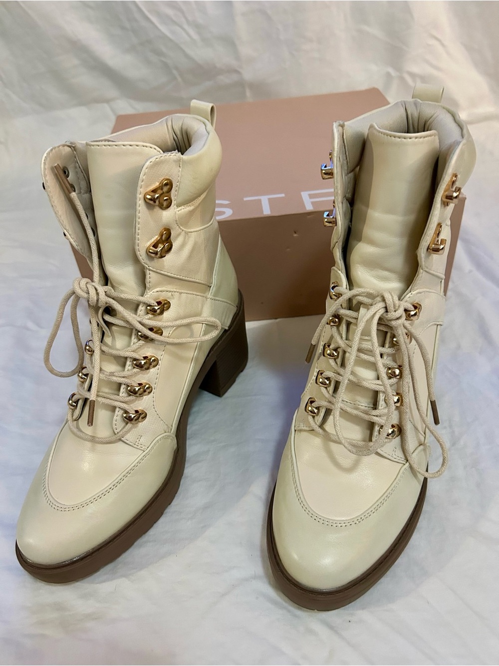 JustFab Edde Cream Lace-Up Block Heel Boots with Gold Hardware